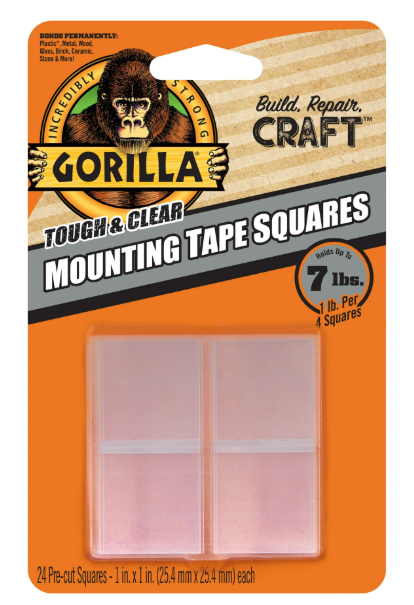 Gorilla 1" Double-Sided Mounting Tape Squares, 24 Pre-Cut Pieces, Clear