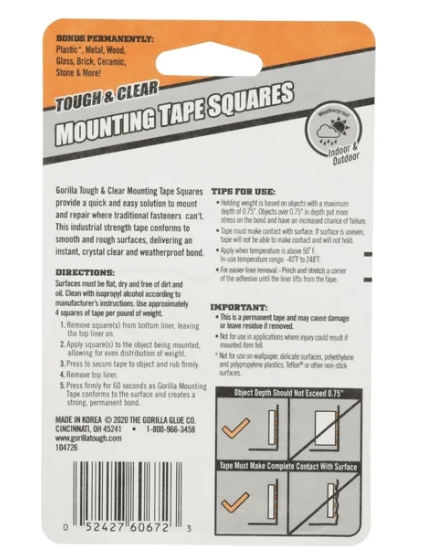Gorilla 1" Double-Sided Mounting Tape Squares, 24 Pre-Cut Pieces, Clear