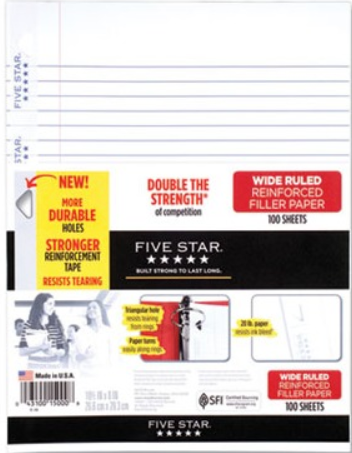Five Star Reinforced Filler Paper - 100 Sheets, White, wide-ruled