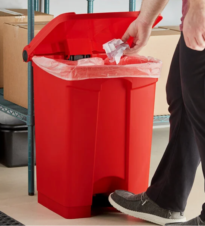 Rubbermaid Commercial Step-on Waste Container, Plastic, 12 Gal, Red