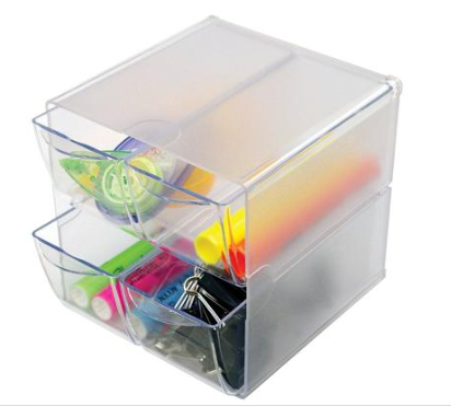 Deflecto Stackable Cube Organizer, 4 Compartments, 4 Drawers, Plastic, 6 X 7.2 X 6, Clear