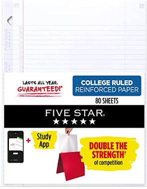 Five Star Reinforced College Ruled Filler Paper, 8.5 X 11, 3-Hole Punched, 80 Sheets/Pack