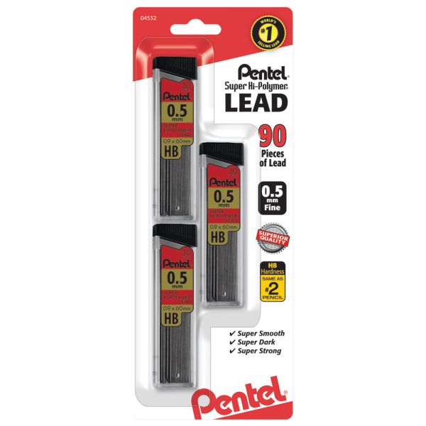 Pentel Super Hi-Polymer Leads, 0.5 Mm, HB, 30 Leads per Tube, Pack of 3 Tubes