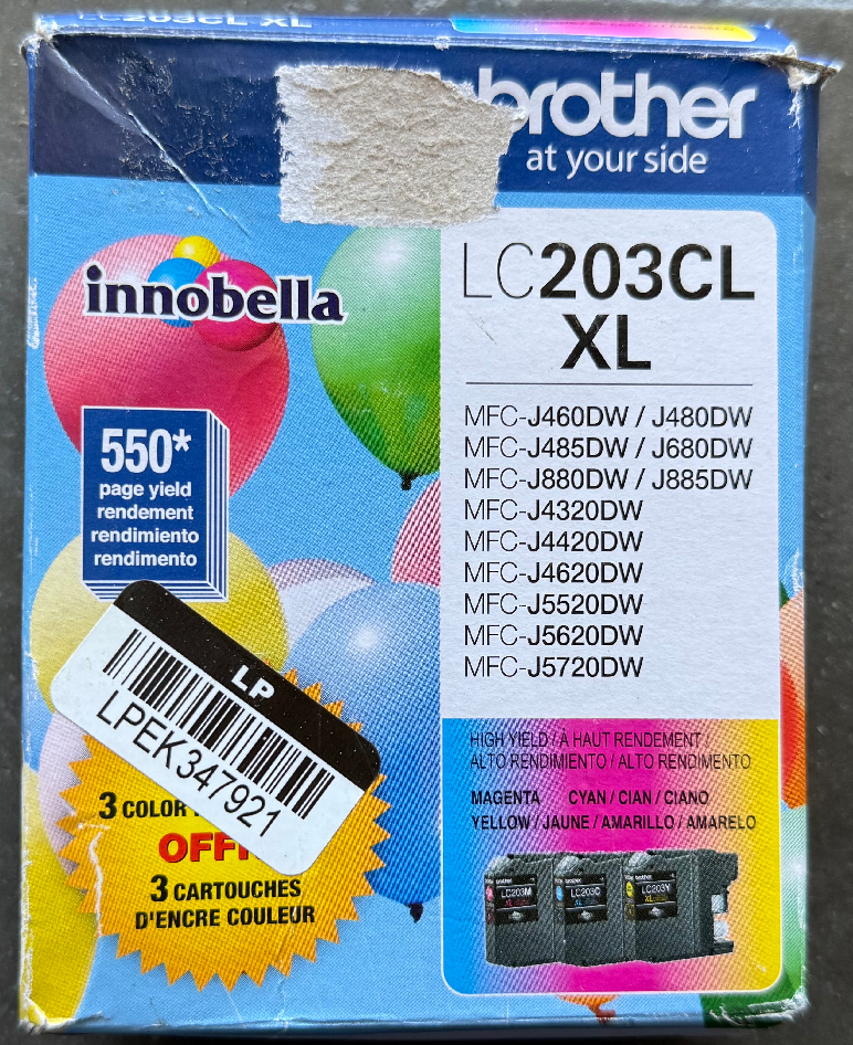 Brother LC203CLXL 3-pack ink cartridges (Cyan/Magenta/Yellow) Damaged Box