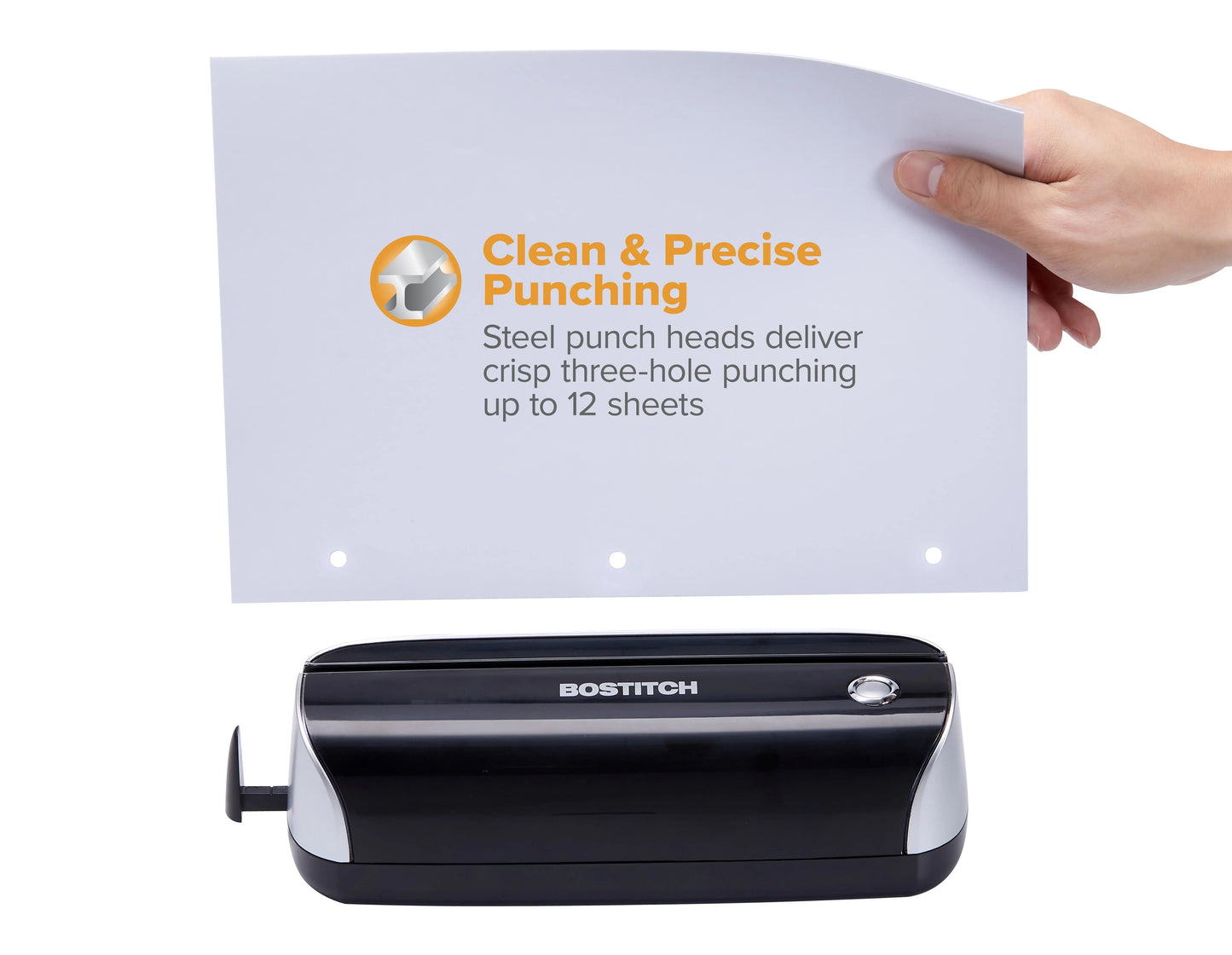 Bostitch Electric or Battery-Powered 3-Hole Punch, Black/Silver (Batteries Not Included)