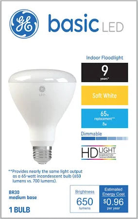 Basic LED Dimmable Indoor Flood Light Bulbs, BR30, 8 W, Soft White