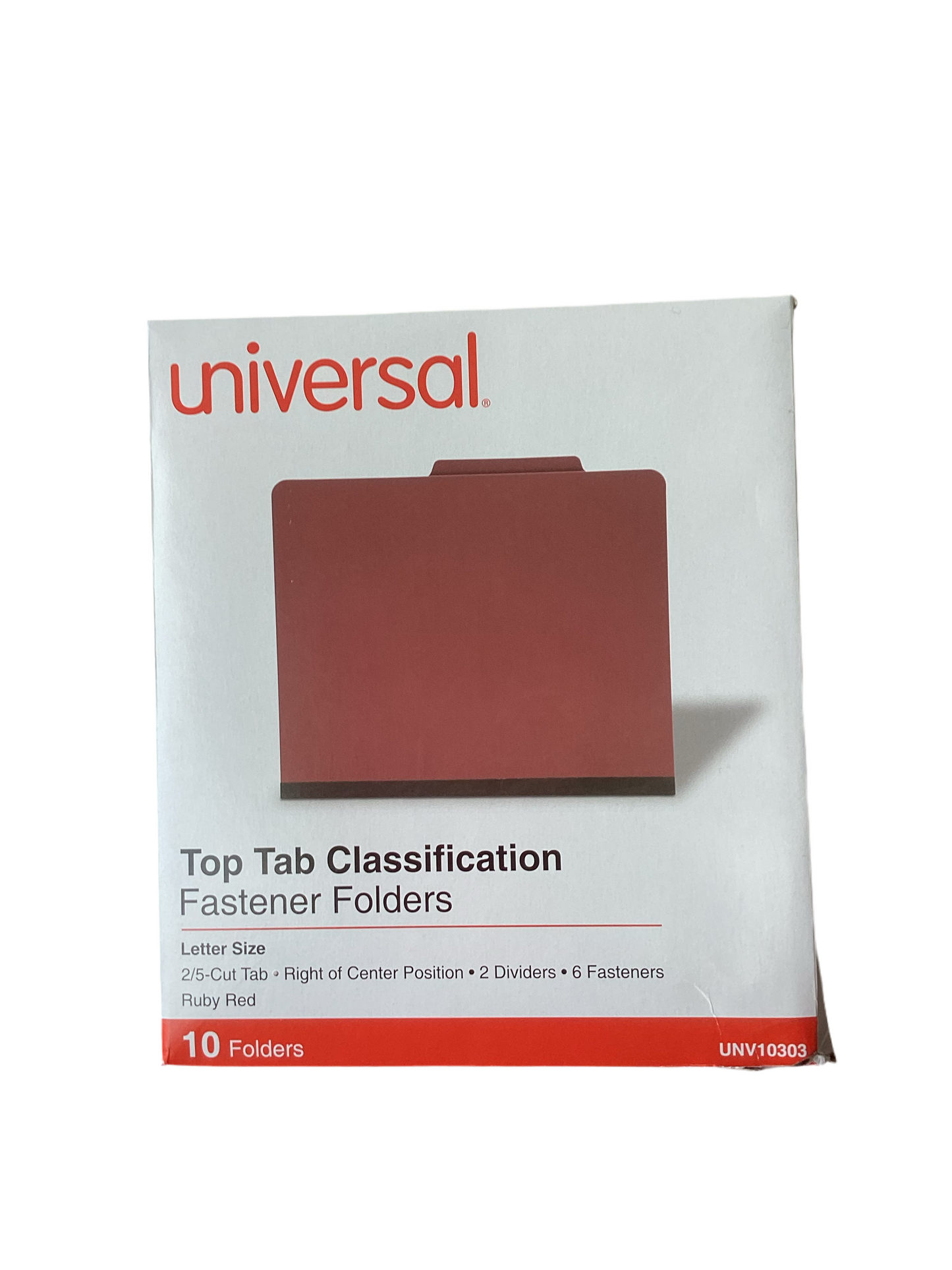 Universal  Classification Folder UNV 10303, 2- 5 Cut Tabs, 2 Dividers, 6 Fasteners, Pressboard, Ruby Red 10/Box