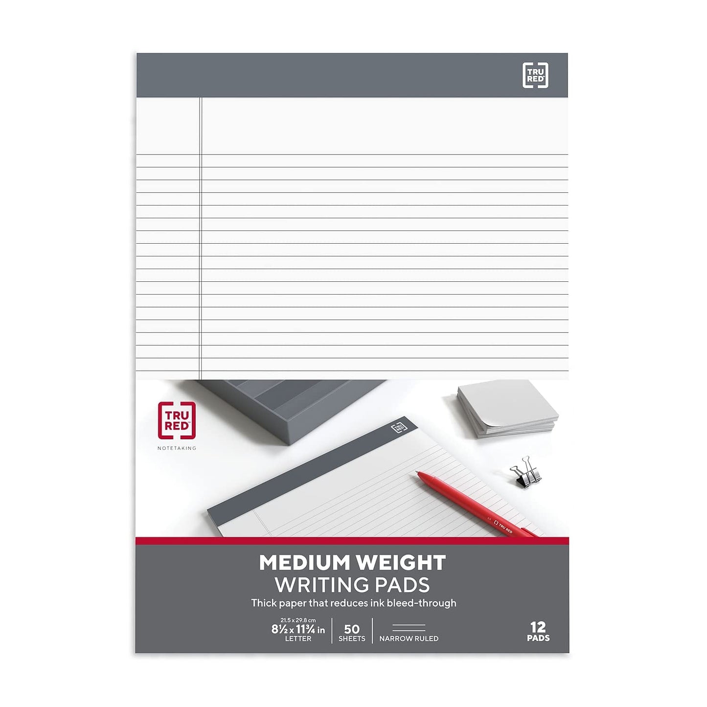 TRU RED Notepads 8.5" X 11.75", Narrow Ruled, White, 50 Sheets/Pad, 12 Pads/Pack (TR57369)