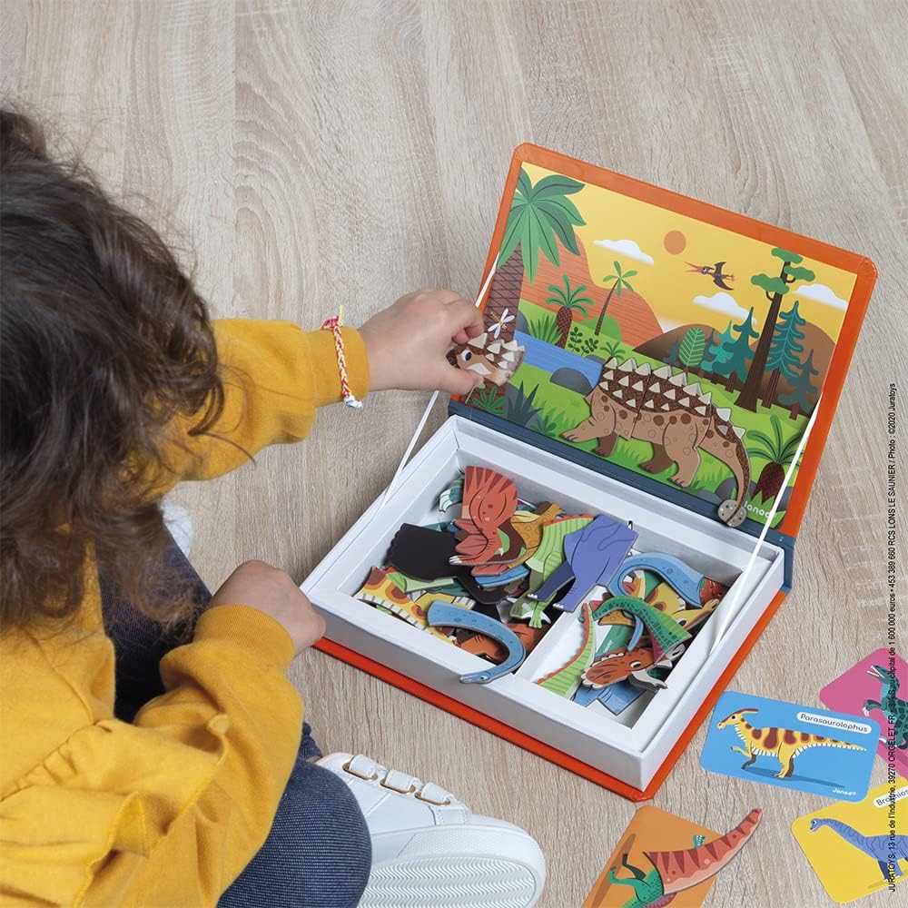 Janod - Magneti'Book Dinosaurs - 50-Part Educational Magnetic Game Teaches fine Motor Skills and Imagination - (J02590)