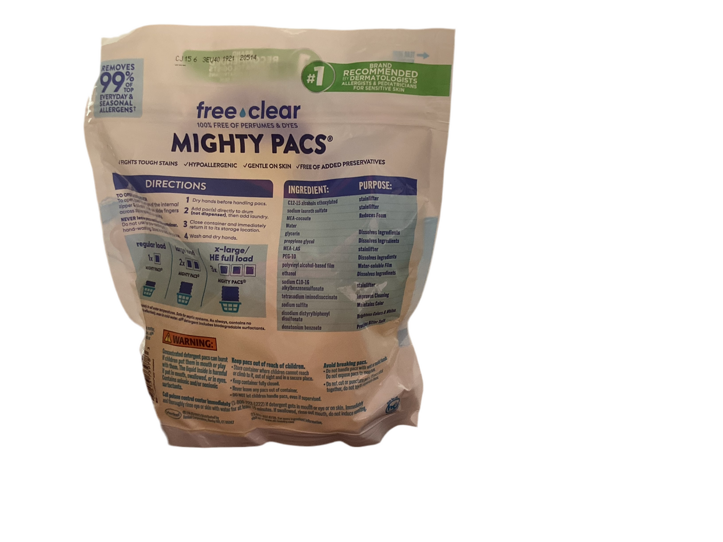 All Mighty Pacs Laundry Detergent, Free of Perfumes and Dyes, For Sensitive Skins, 39 Count