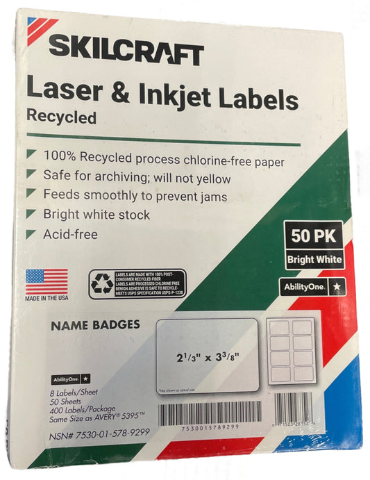 SKILCRAFT Laser/Inkjet Name Badge Labels, 2 1/3" X 3 3/8", White, Pack of 50