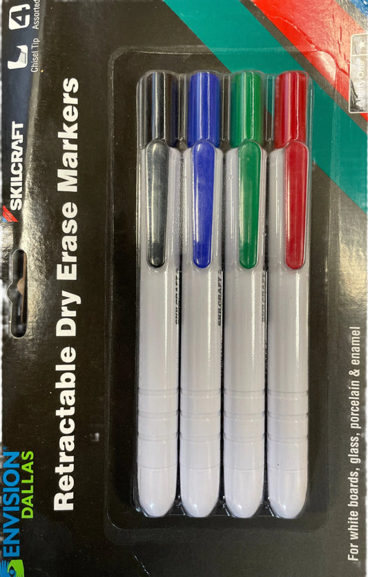 Skilcraft Retractable Dry Erase Marker Broad Chisel Tip Assorted Colors 4/Set Qty