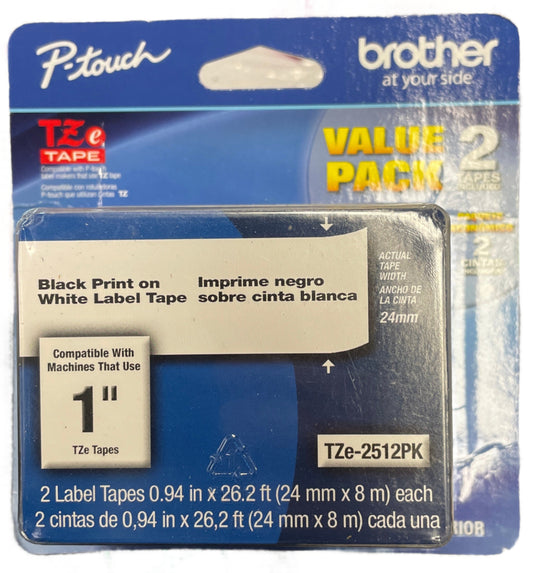 Brother® Genuine P-Touch TZE2512PK Laminated Label Tape, 1", Black, Pack of 2 Rolls