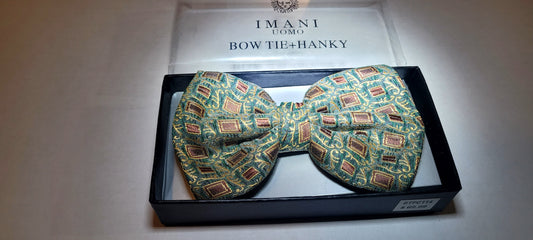 Imani Uomo Pre-tied Microfiber Bow Tie + Hanky Blue Green and Burgundy Geometric Pattern