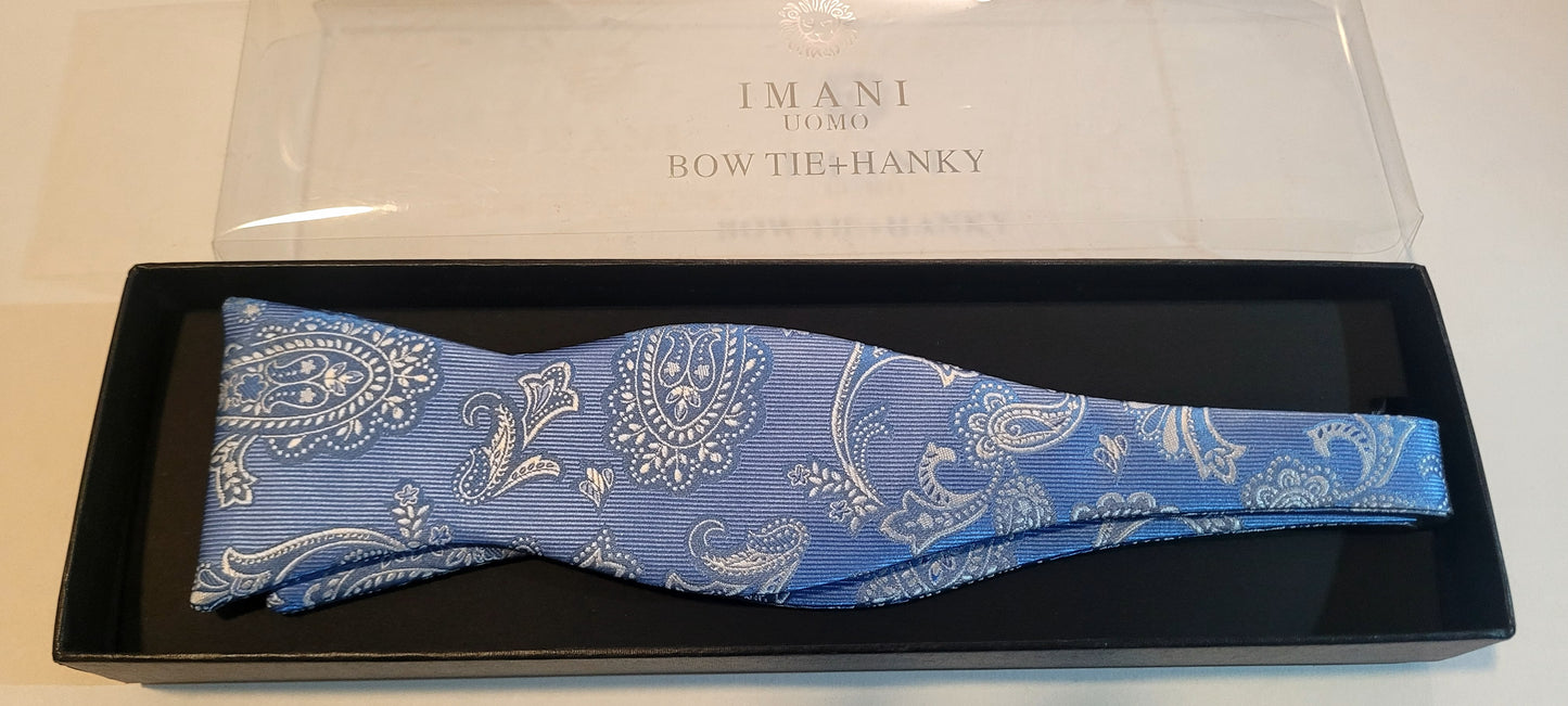 Imani Uomo Blue/White Paisley Microfiber Self-tie Bow Tie + Hanky
