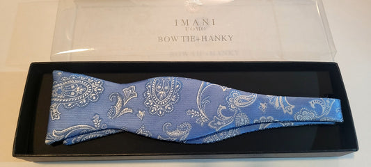 Imani Uomo Blue/White Paisley Microfiber Self-tie Bow Tie + Hanky