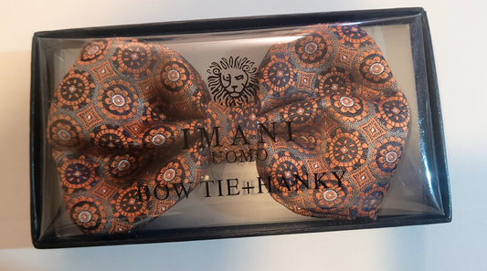Imani Uomo Brown Orange Circular Pattern Microfiber Pre-tied Bow Tie + Hanky