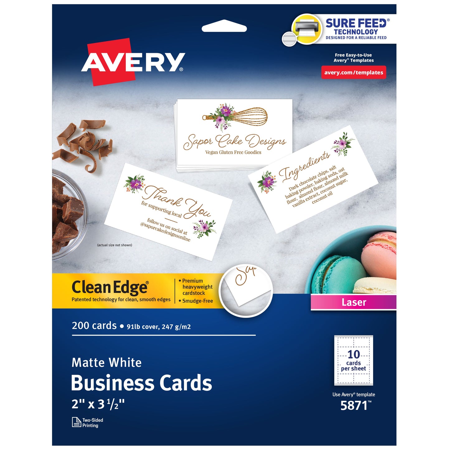 Avery Clean Edge Printable Business Cards with Sure Feed Technology for Laser Printers, 5871, 2" X 3.5", White, 1,000 Blank Cards