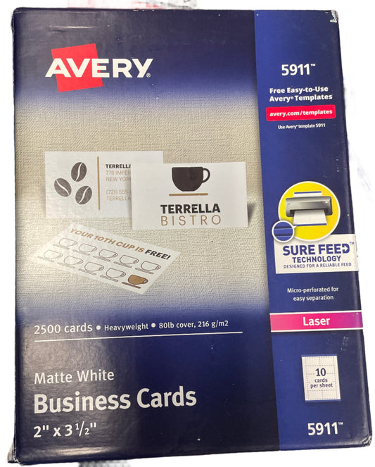 Avery 5911 Laser Business Cards, 2 X 3 1/2, White, 10 Cards/Sheet, 2500/Box