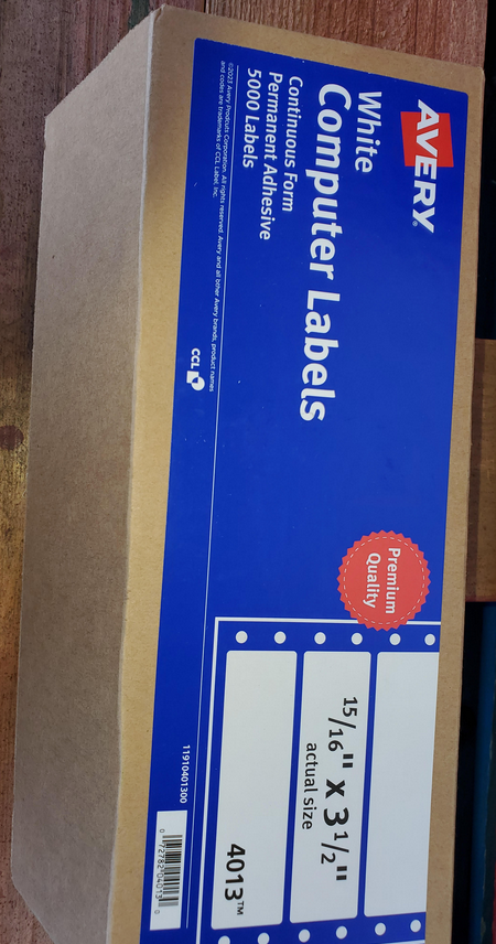 Avery Continuous Form Permanent Address Labels, 4013, Rectangle, 3 1/2" X 15/16", White, Pack of 5,000