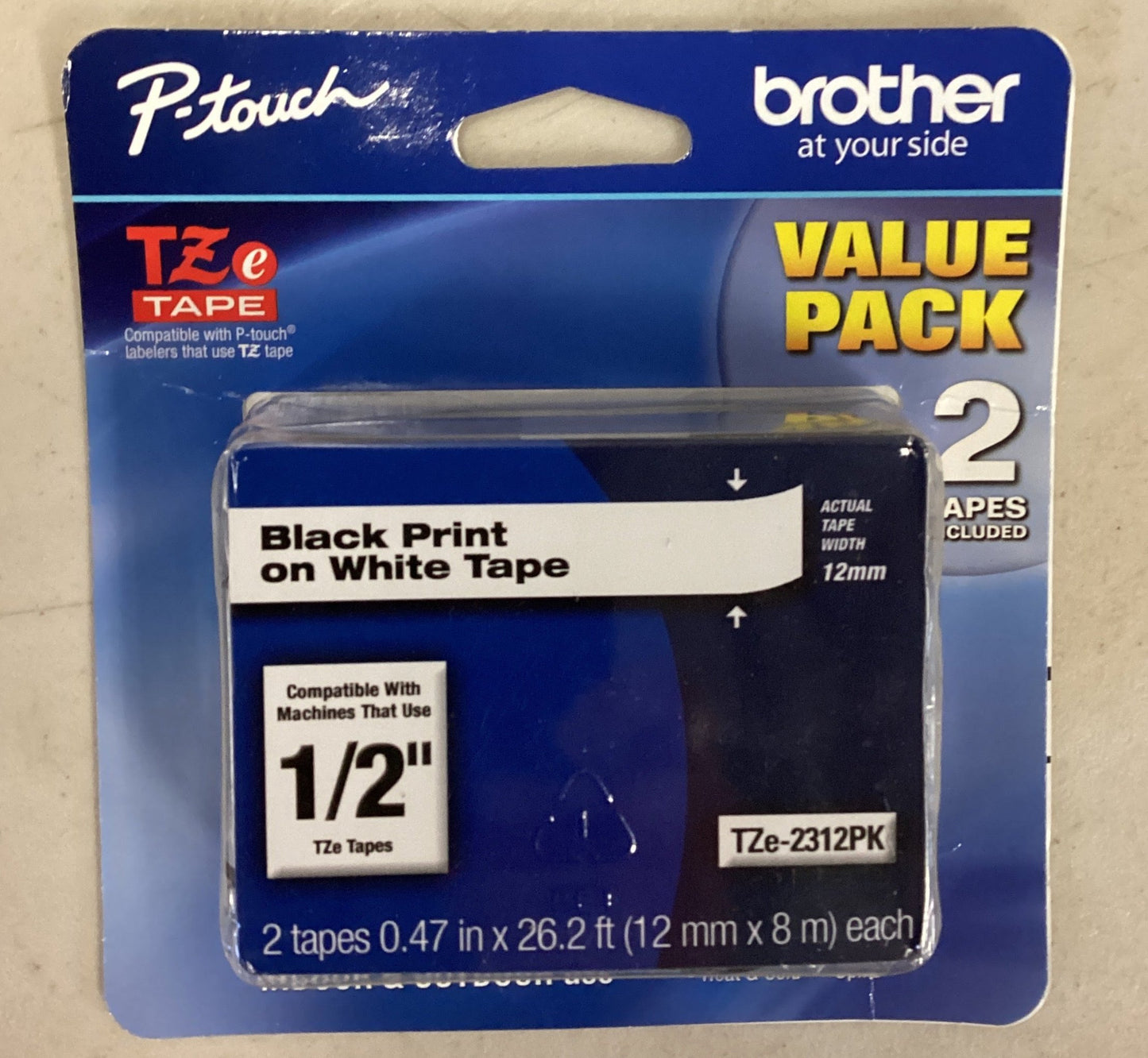 Brother P-touch Black Print on White Tape; laminated and durable tape