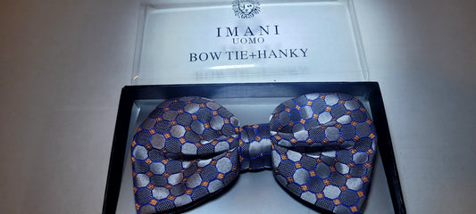 Imani Uomo Pre-tied Microfiber Bow Tie + Hanky - Dark Blue with Light Blue and Orange