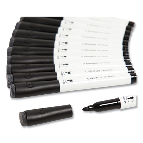 U Brands Medium Point Low-Odor Dry-Erase Markers with Erasers, Medium Bullet Tip, Black, Dozen