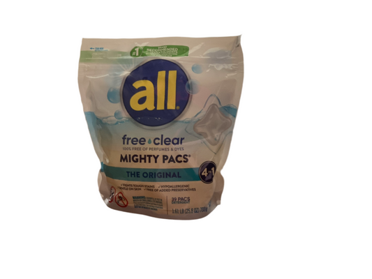 All Mighty Pacs Laundry Detergent, Free of Perfumes and Dyes, For Sensitive Skins, 39 Count