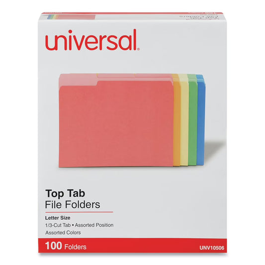 Deluxe Colored Top Tab File Folders, 1/3-Cut Tabs: Assorted, Letter Size, Assorted Colors, 100/Box