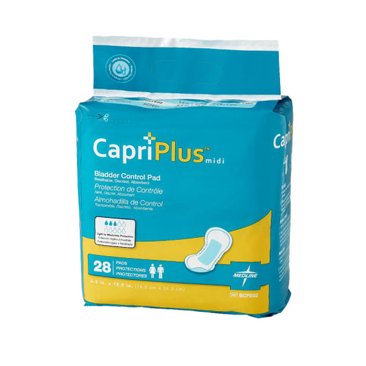 Medline Capri Plus Bladder Control Pad Incontinent Liners, Extra Plus, 6 1/2" X 13 1/2", White, Case of 6 Packs