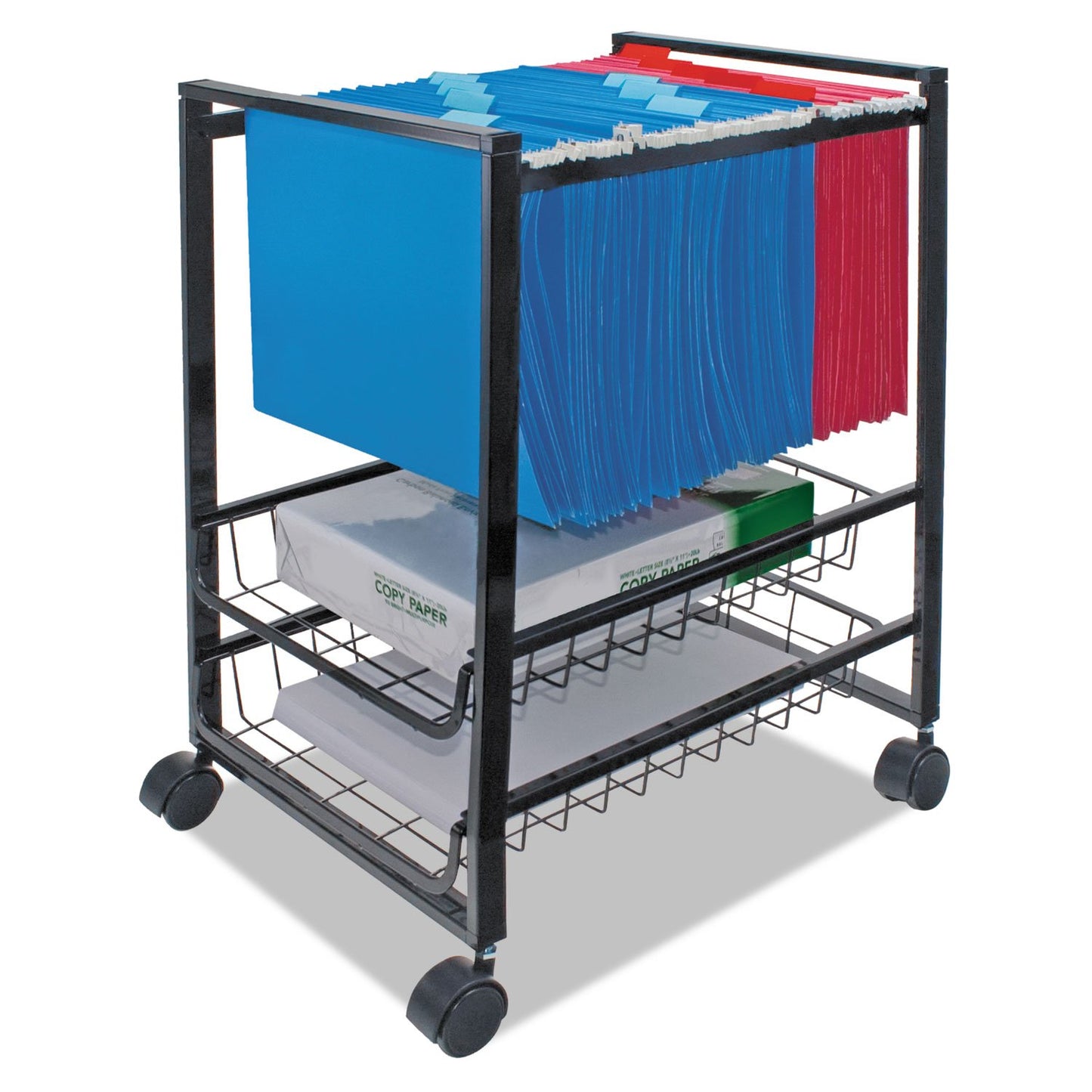 Mobile File Cart with Sliding Baskets, Metal, 2 Drawers, 1 Bin