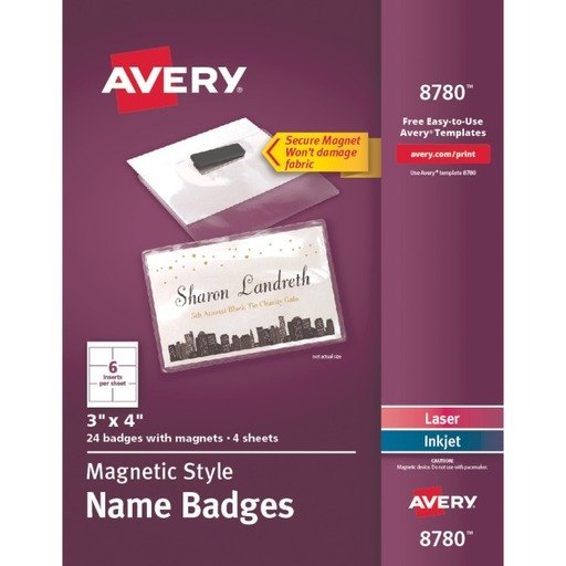Avery Customizable Name Badges with Magnets, Rectangle, 8780, 3" X 4", White, Pack of 24