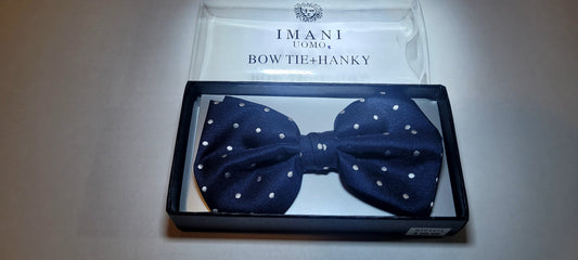 Imani Uomo Pre-tied Microfiber Bow Tie + Hanky - Dark Blue with White Polka Dots
