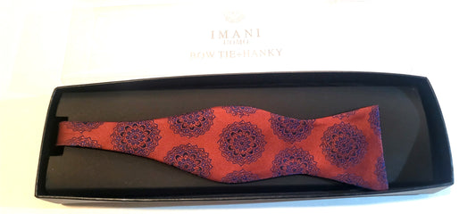 Imani Uomo Burnt Orange and Dark Blue Paisley Microfiber Self-tie Bow Tie + Hanky