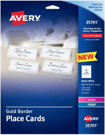 Avery Printable Place Cards with Sure Feed Technology, 1-7/16" X 3-3/4", White with Gold Border, 150 Blank Place Cards
