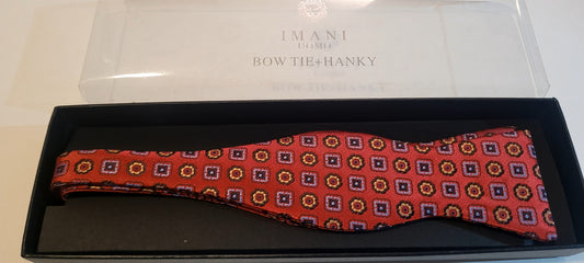 Imani Uomo Red Gold/Lavendar Pattern Microfiber Self-tie Bow Tie + Hanky