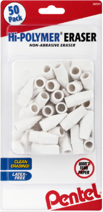 Pentel Hi-Polymer Cap Eraser, White, 50/Pack