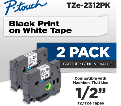 Brother P-touch Black Print on White Tape; laminated and durable tape