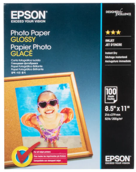 Epson Glossy Photo Paper, 8.5 X 11, 100 Sheets/Pack (EPSS041271)