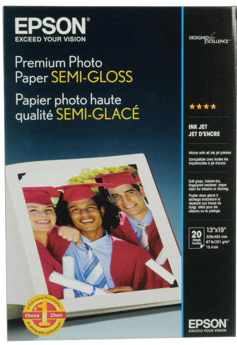 EPSON Semi-Gloss Premium Photo Paper, 13" X 19", White, 20 Sheets/Pack