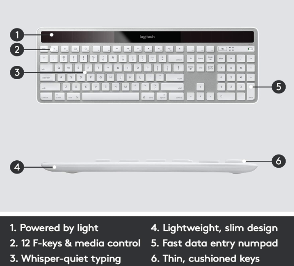 Logitech Wireless Keyboard K750 Solar Recharging, Mac-Friendly, 2.4GHz Wireless - Silver