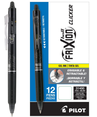 Pilot FriXion Ball Clicker Erasable Gel Pens, Fine Point, 0.7mm, Black Ink, 12/pk (31450)