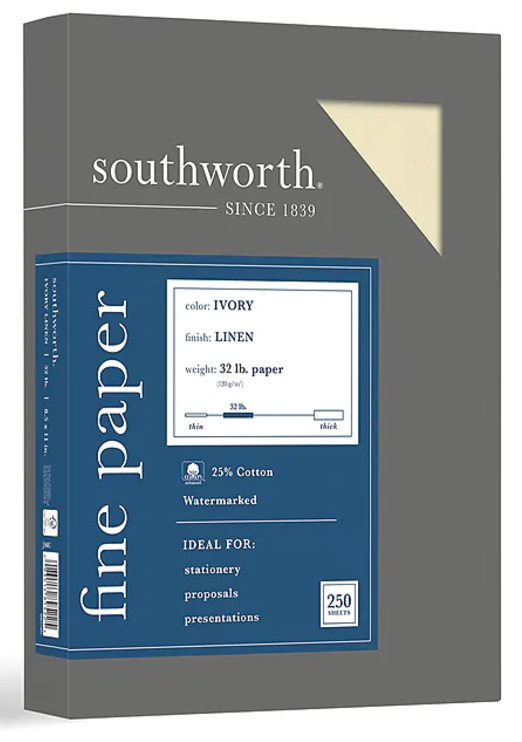 Southworth linen business paper, ivory, 250 sheets/pack linen business paper