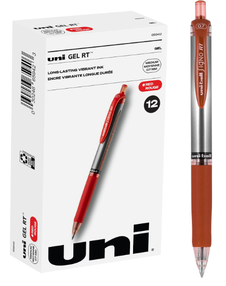 Uniball Signo Gel Pen, Retractable, Medium 0.7 Mm, Red Ink, (12pk)