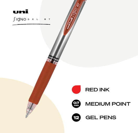 Uniball Signo Gel Pen, Retractable, Medium 0.7 Mm, Red Ink, (12pk)