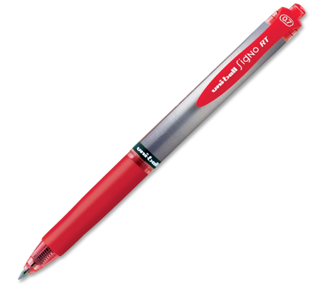 Uniball Signo Gel Pen, Retractable, Medium 0.7 Mm, Red Ink, (12pk)