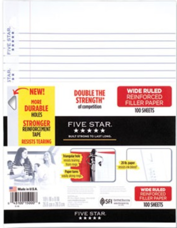 Five Star Reinforced Filler Paper - 100 Sheets, White