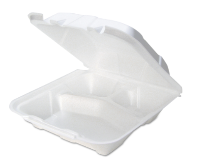 Pactiv Evergreen Vented Foam Hinged Lid Container, Dual Tab Lock, 3-compartment, 9.13 X 9 X 3.25, White, 150/carton ( PCTYTD1990