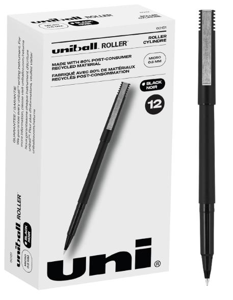 Uniball 0.5 Mm Micro Black Ink, Black Matte Barrel Stick Roller Ball Pen - 1 Dozen