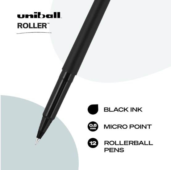 Uniball 0.5 Mm Micro Black Ink, Black Matte Barrel Stick Roller Ball Pen - 1 Dozen